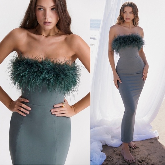 NWOT House Of CB Juliene Feather Strapless Eucalyptus Green Maxi Dress sz XL - Picture 1 of 8